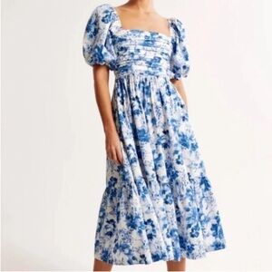 Abercrombie & Fitch Emerson Midi Poplin Puff Sleeve Dress Size Large Blue Floral